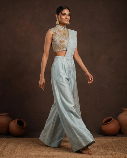 Ice blue embroidered palazzo saree, walking, wide legs