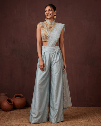 Ice blue embroidered palazzo saree, blouse embroidery and palla