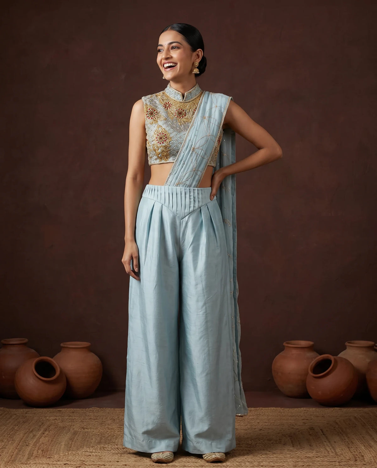 Ice blue embroidered palazzo saree, pleated waistband