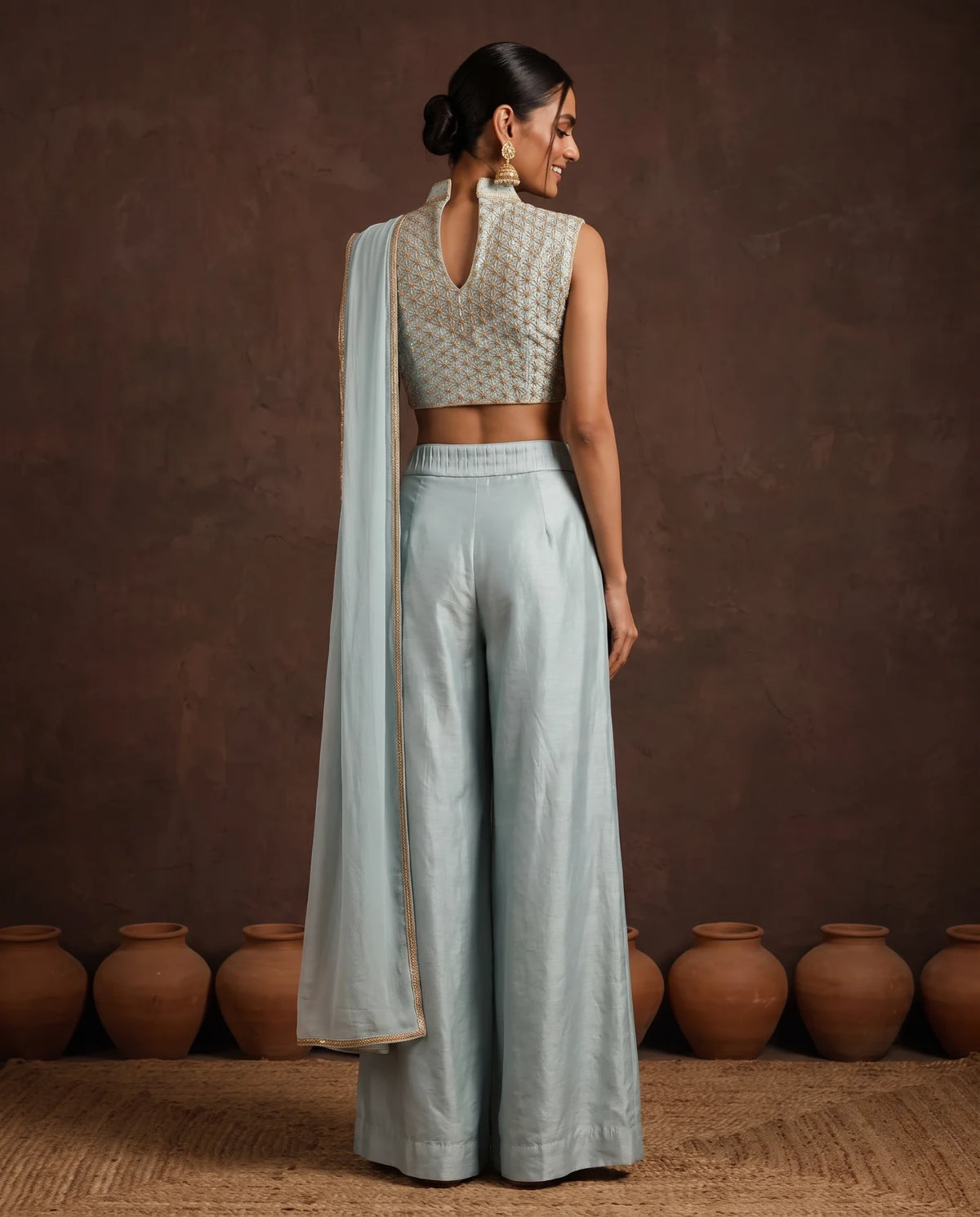 Ice blue embroidered palazzo saree, back, embroidered blouse