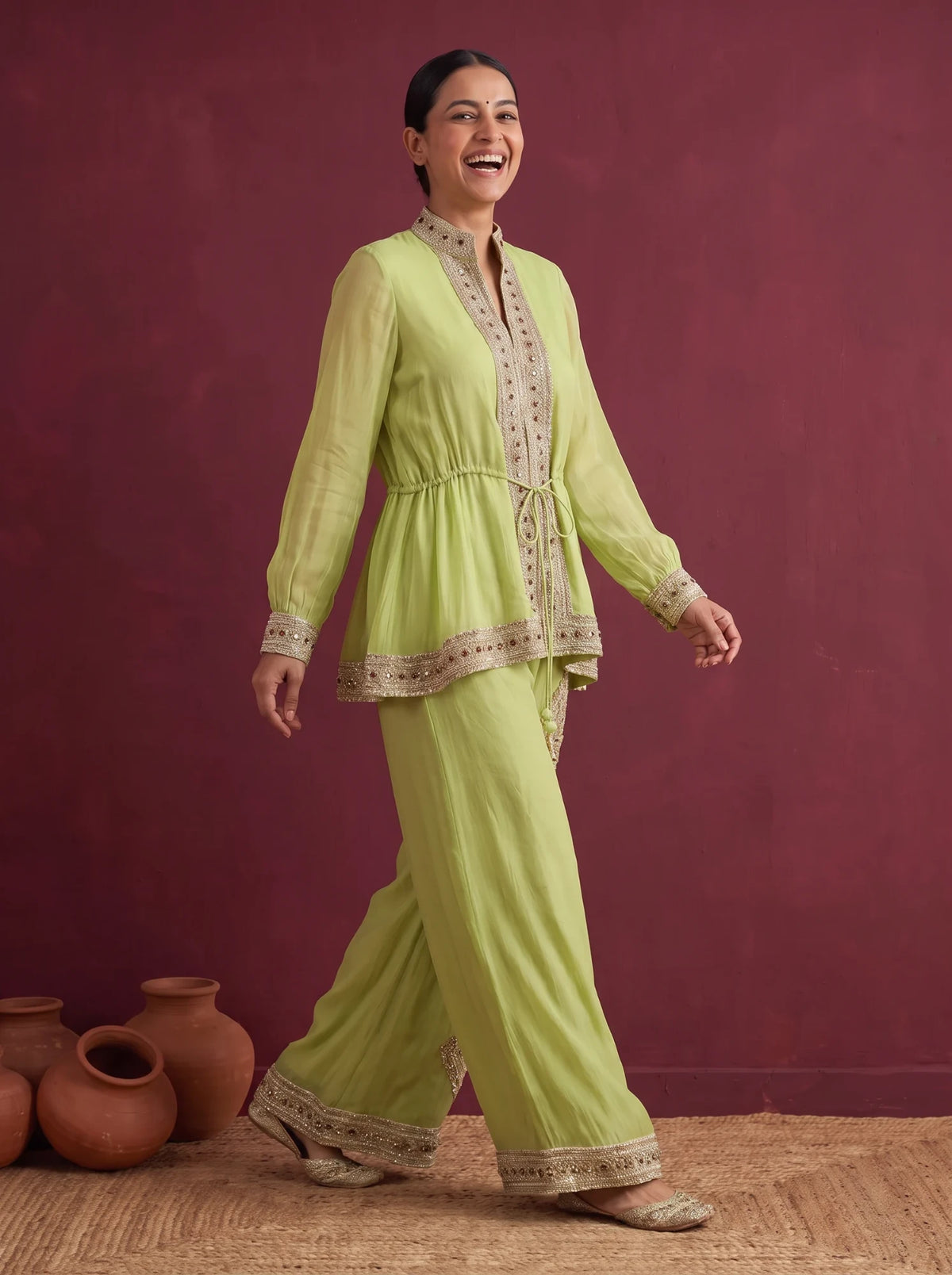 Lime green organza zardozi co-ord set, three-quarter view