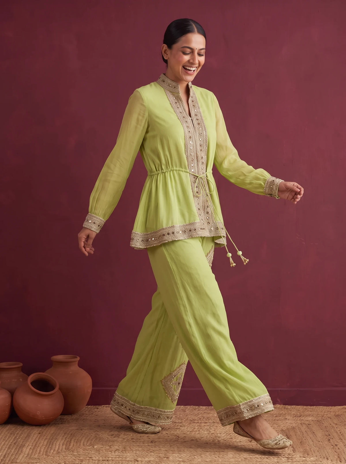 Lime green organza zardozi co-ord set, drawstring waist and tassels