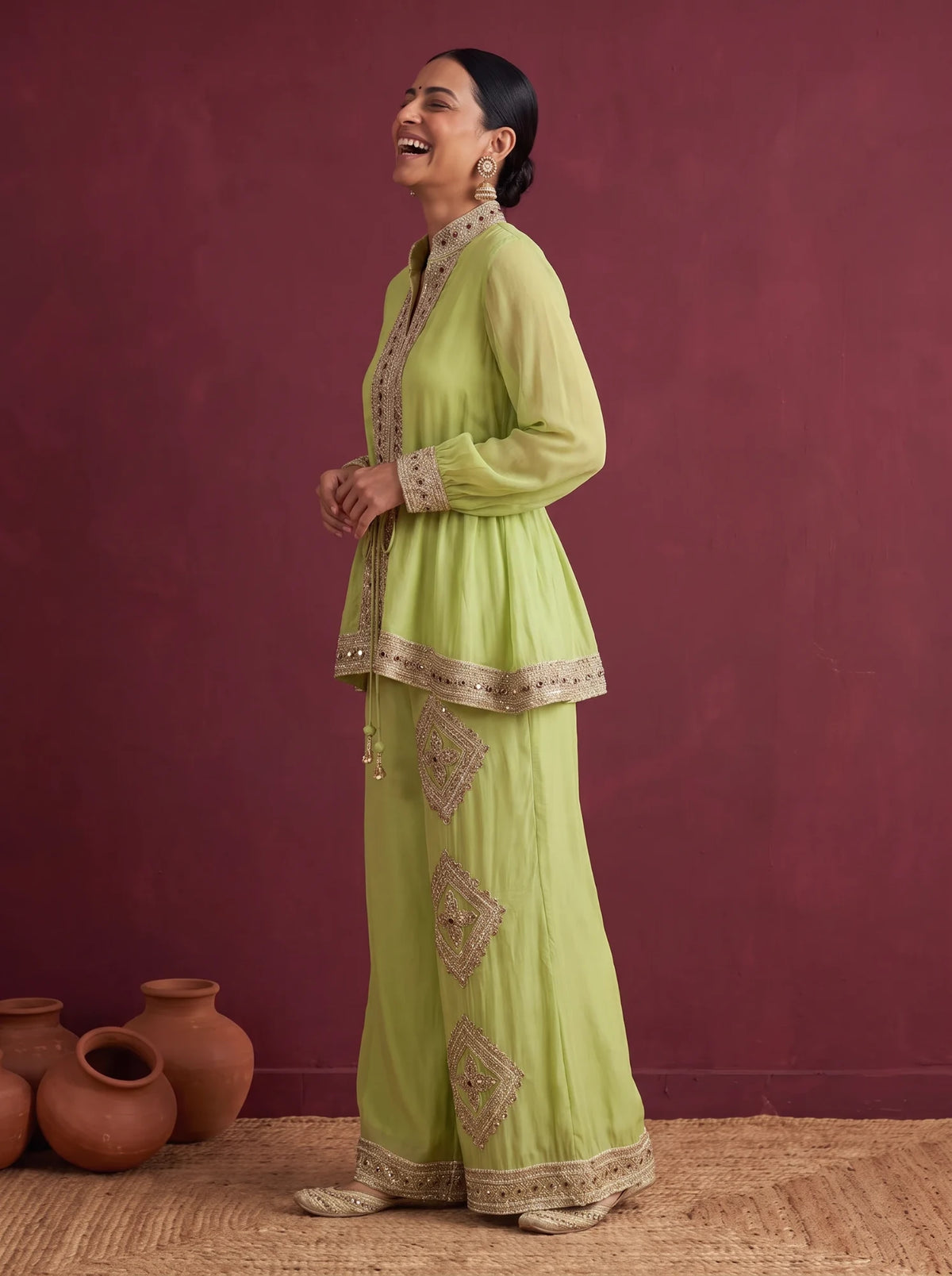 Lime green organza zardozi co-ord set, side view