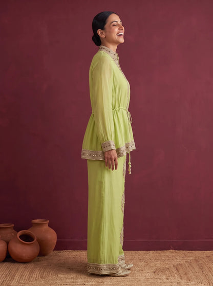 Lime green organza zardozi co-ord set, profile