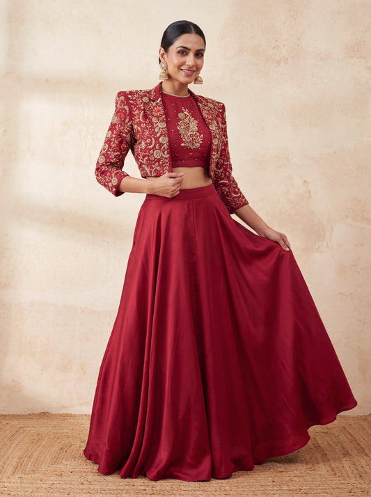 Maroon lehenga with cropped jacket, front