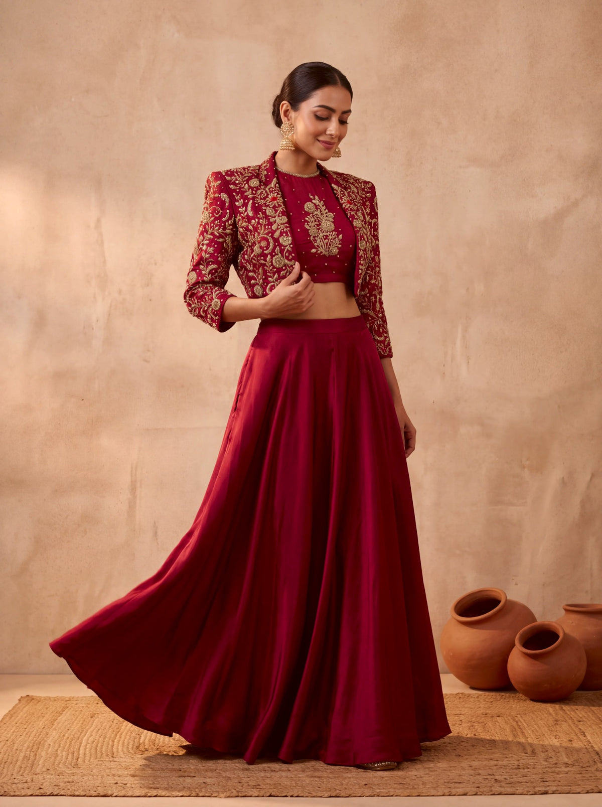Maroon lehenga with cropped jacket, flared skirt