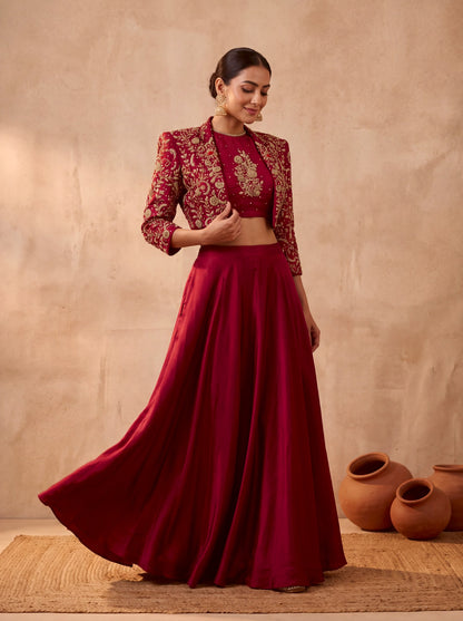 Maroon lehenga with cropped jacket, flared skirt