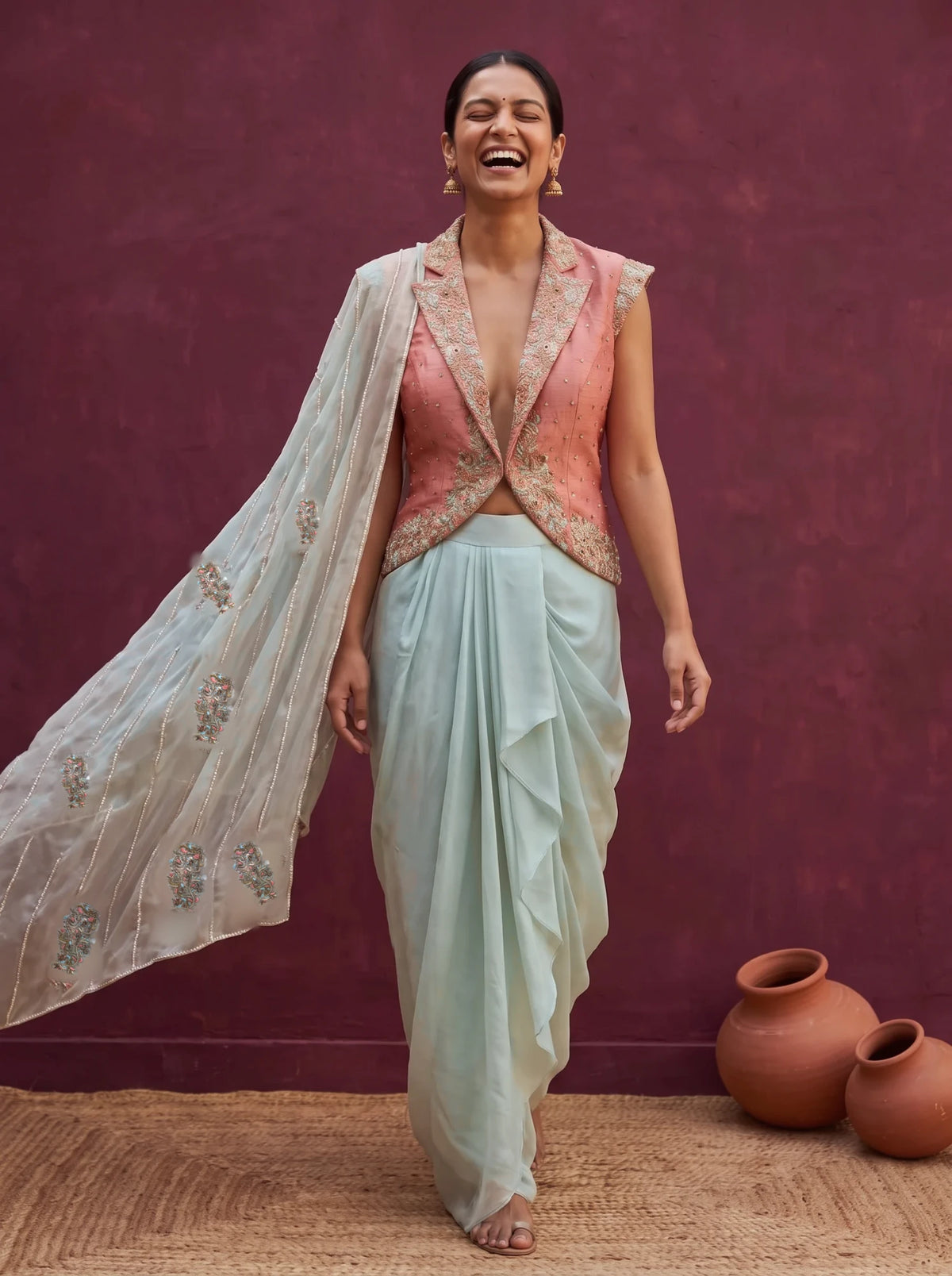 Mint green and peach orange skirt-jacket set, front, draped skirt