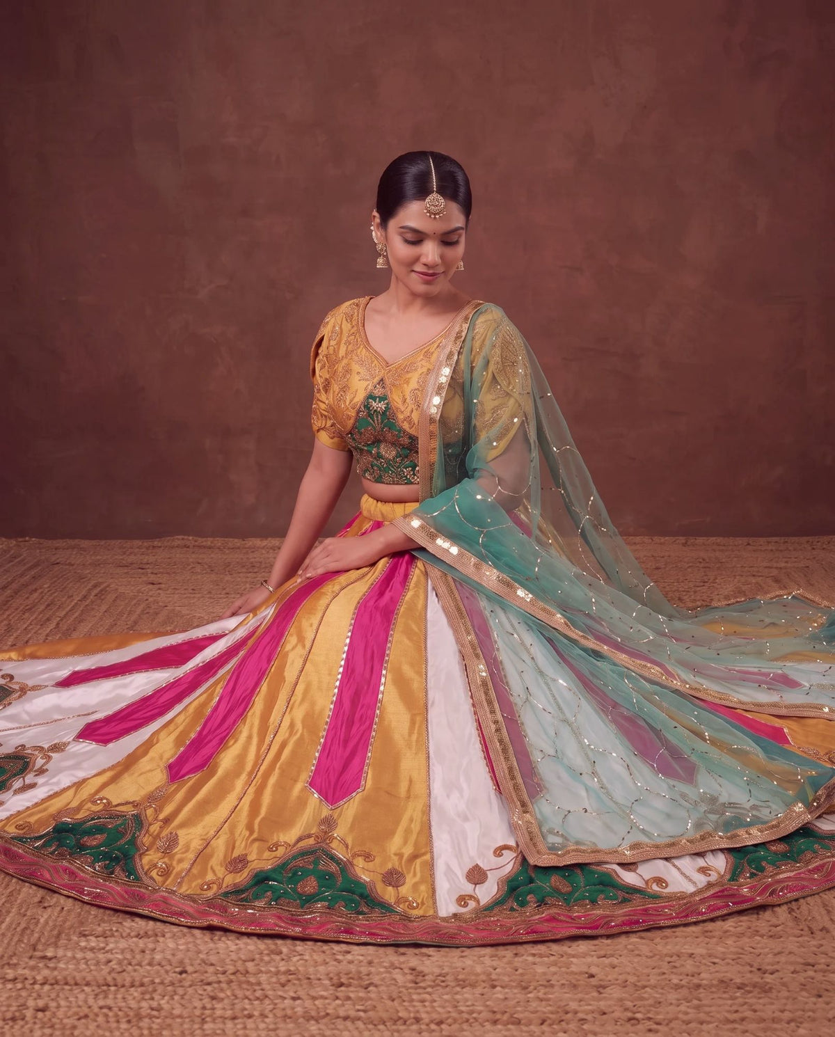 Multicolour lehenga, seated, skirt spread