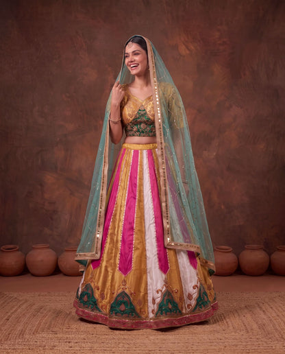 Multicolour lehenga, dupatta over the head