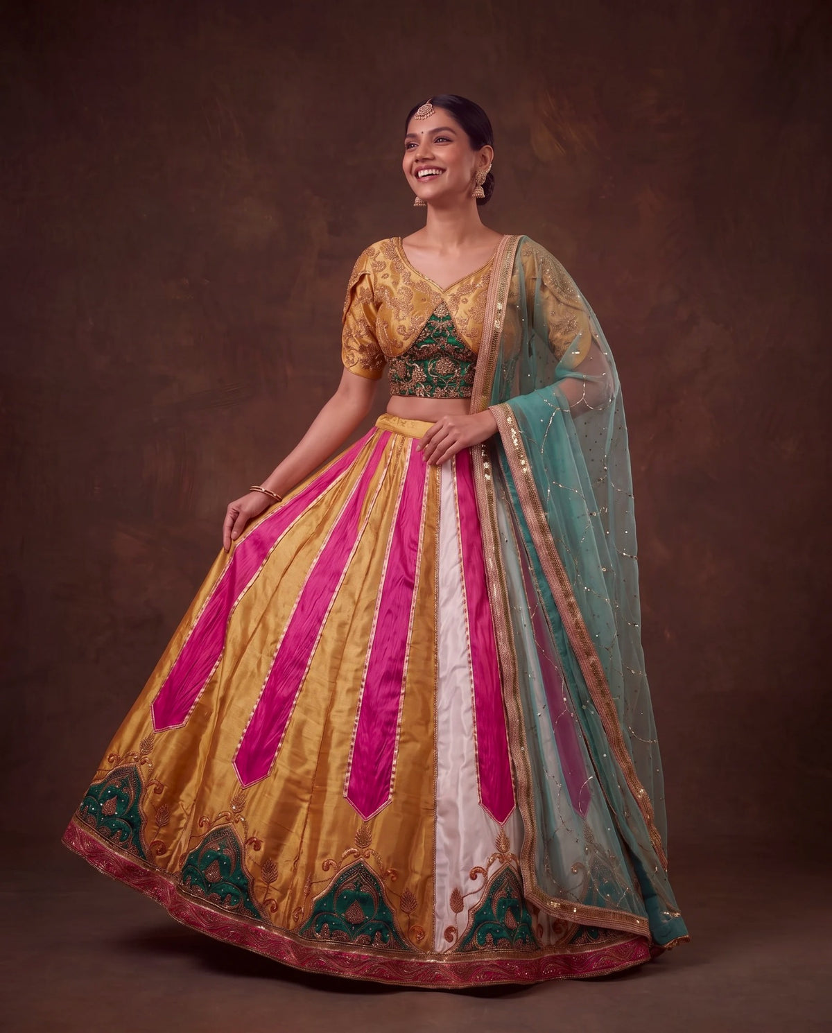 Multicolour lehenga, three-quarter view