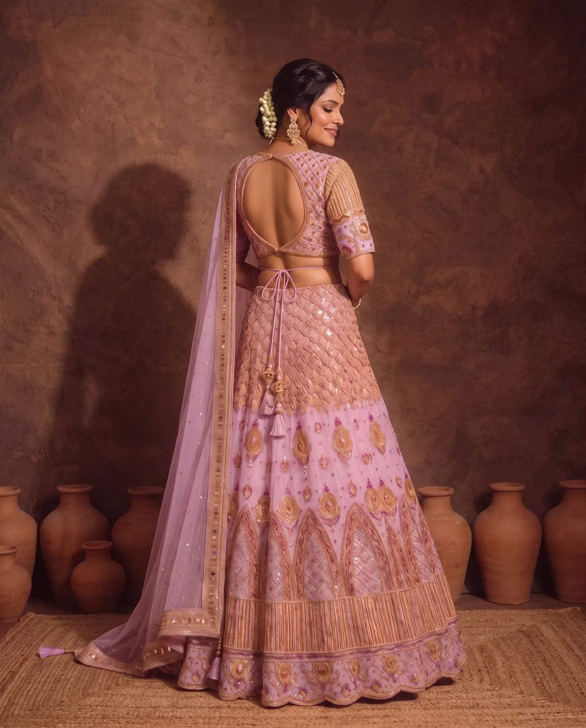 Pastel pink lehenga, back with open-back blouse and tassels