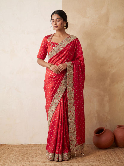 Red Banarasi brocade saree, front