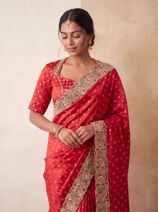 Red Banarasi brocade saree, border and blouse