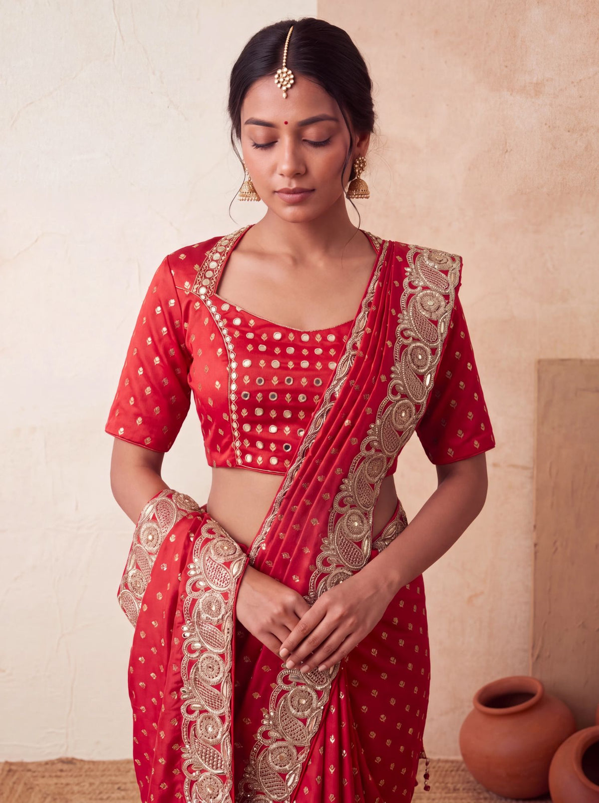 Red brocade blouse, neckline close up