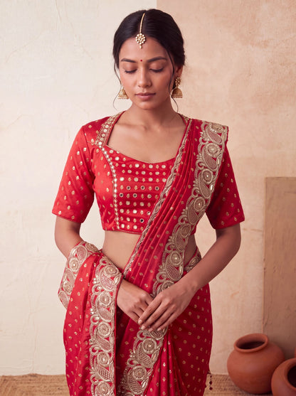 Red brocade blouse, neckline close up