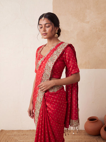 Red Banarasi brocade saree, side view with tasselled pallu