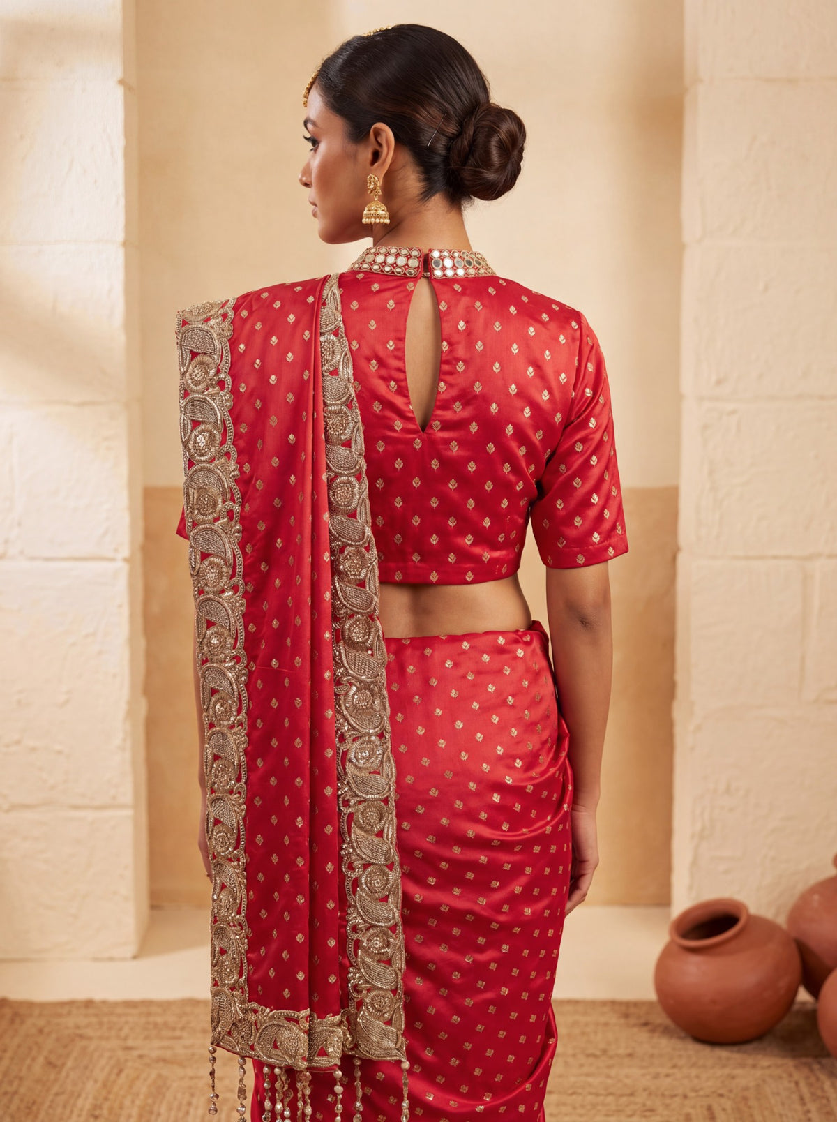 Red Banarasi brocade saree, back with keyhole blouse