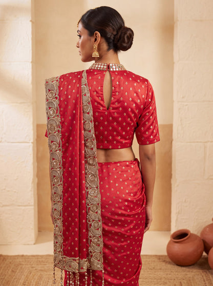 Red Banarasi brocade saree, back with keyhole blouse
