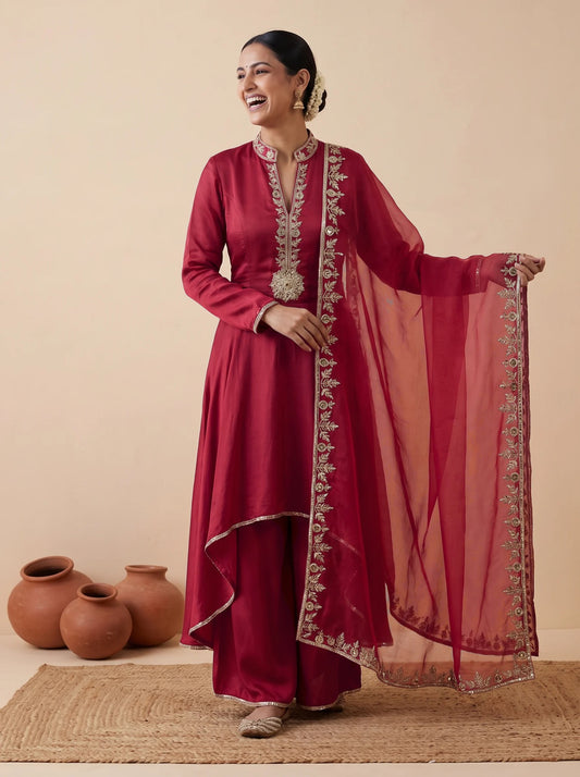 Red frock with drape pants and dupatta, front