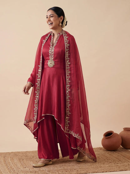 Red frock with drape pants, dupatta worn open