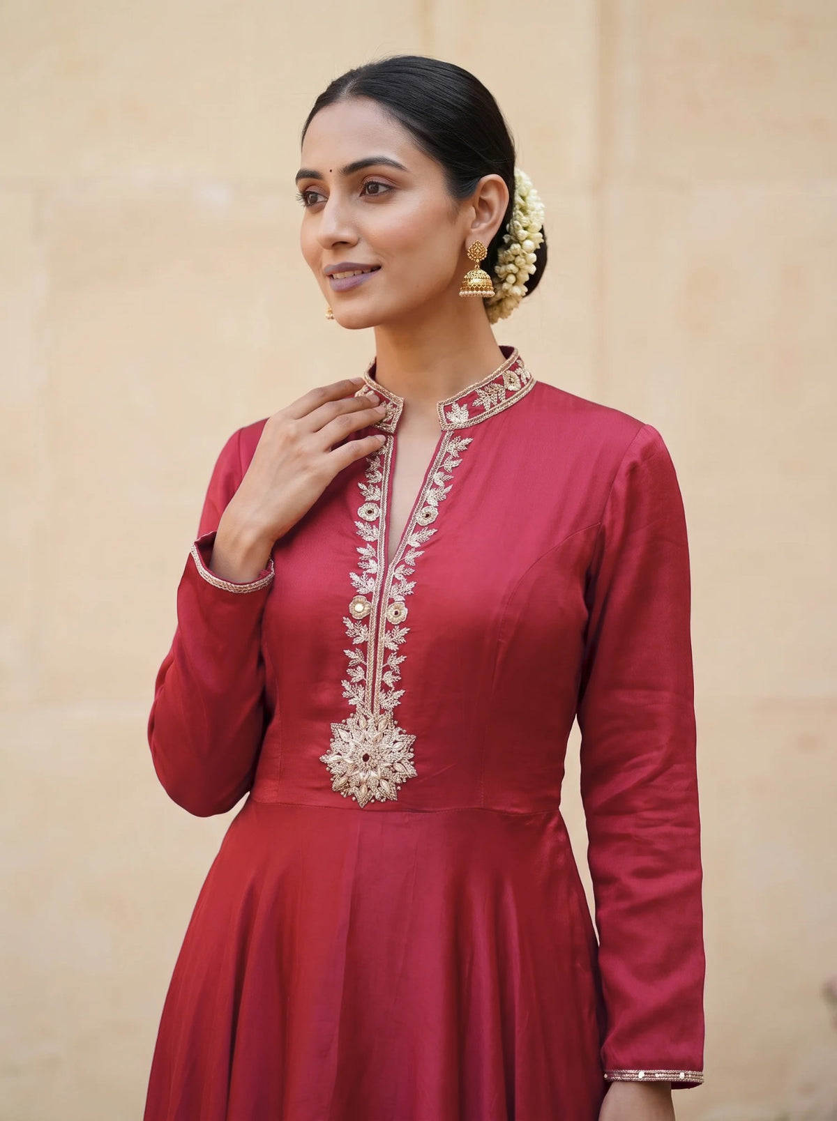 Red frock, embroidered collar and yoke close up