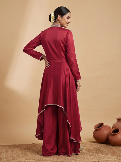 Red frock with drape pants, back