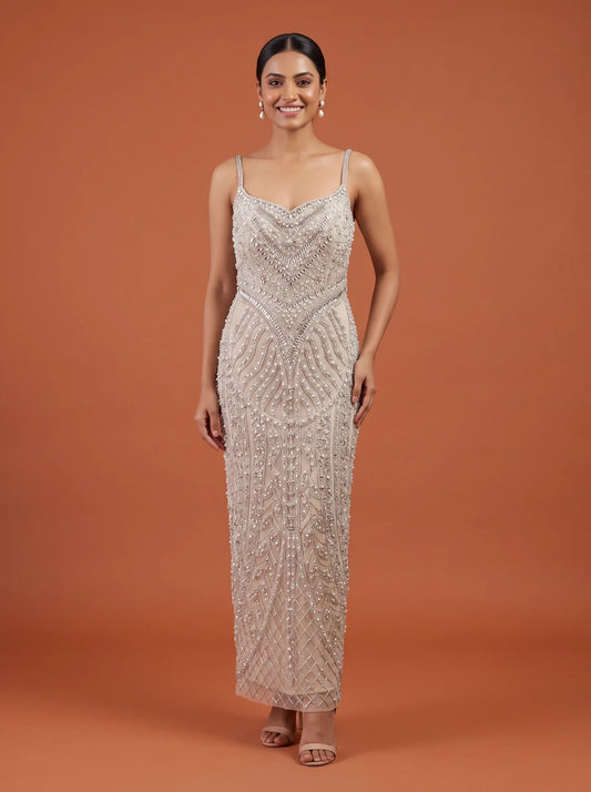 Stone Gown, front on an orange backdrop