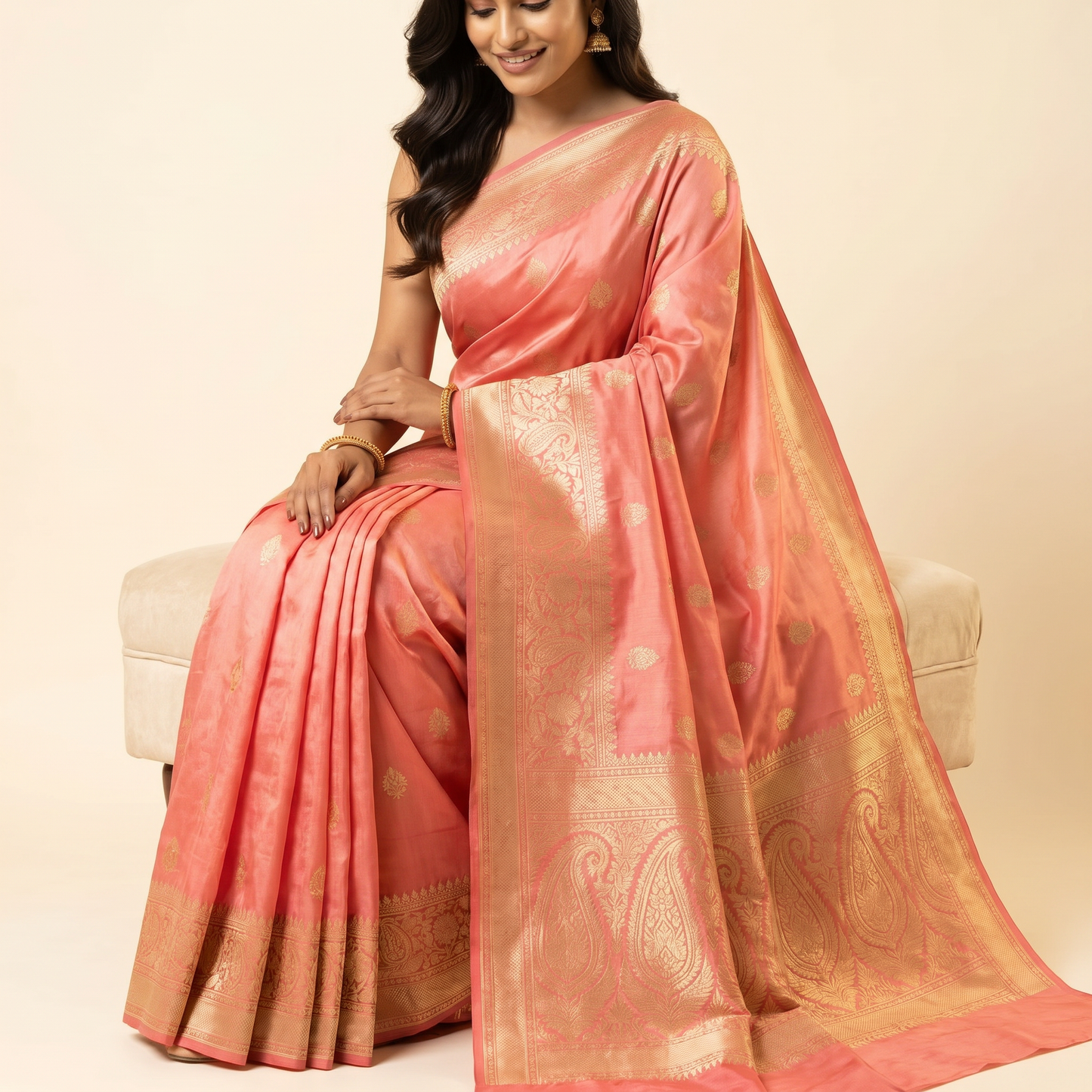 Peach Pink Silk Zari Saree