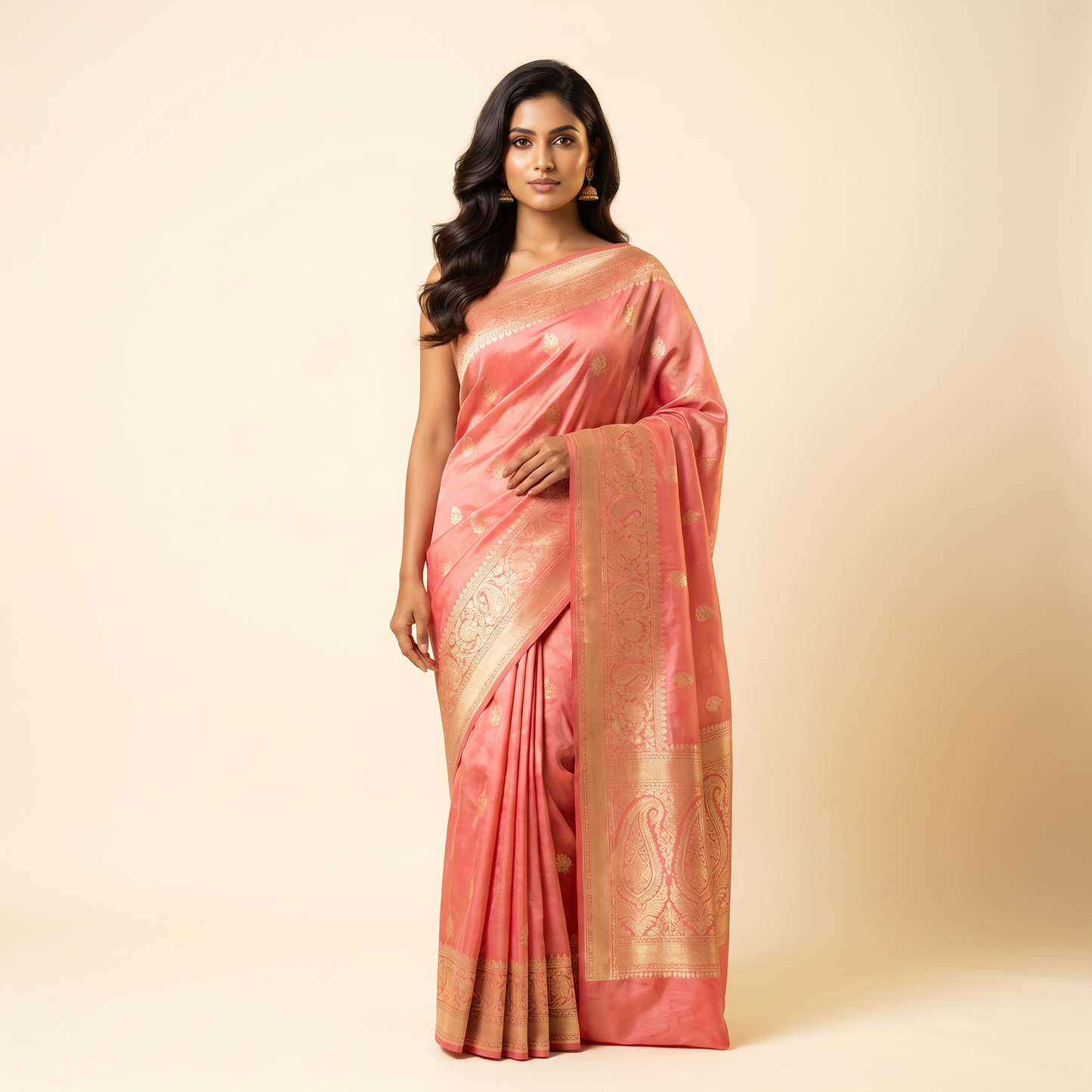 Peach Pink Silk Zari Saree