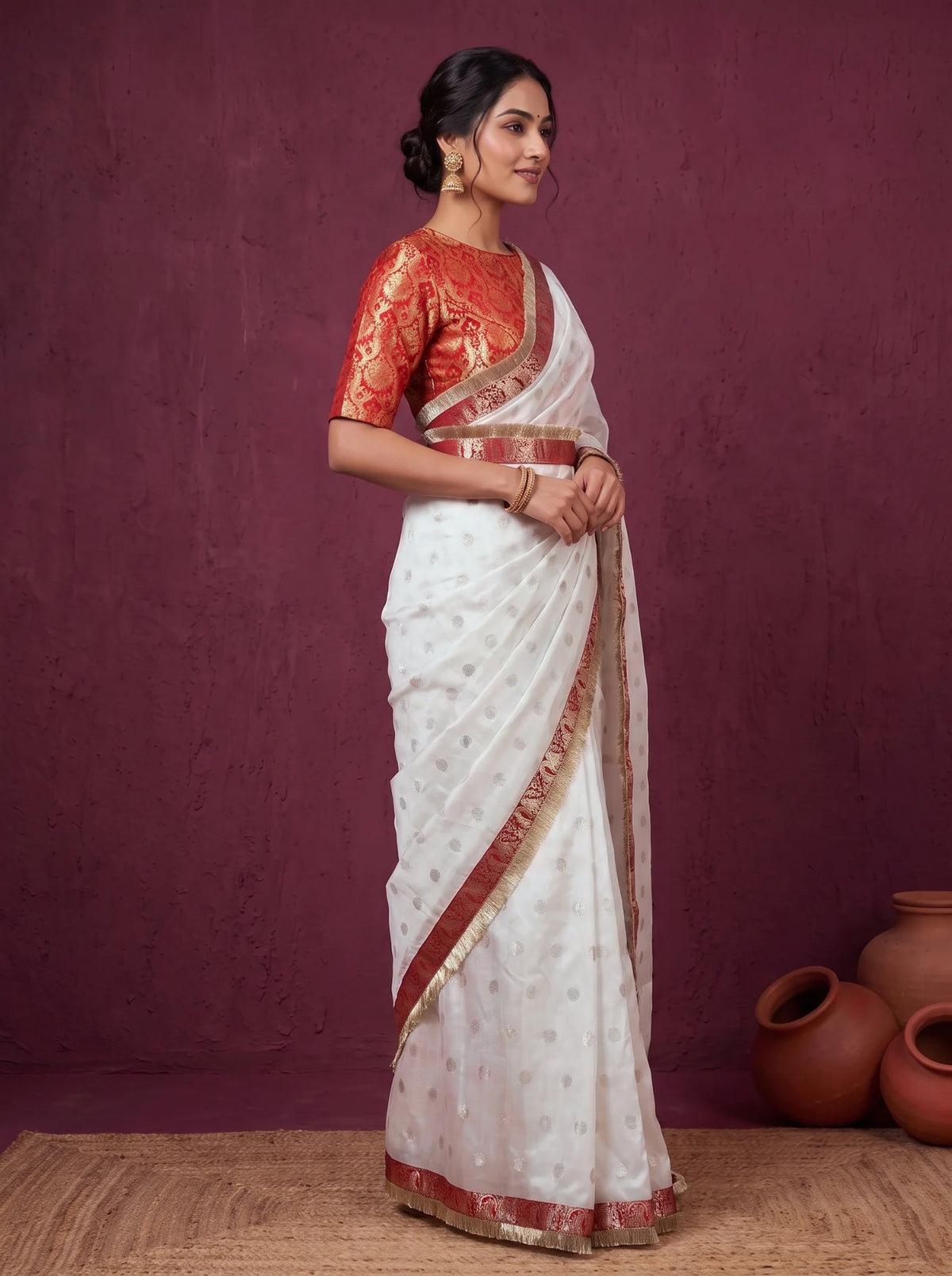White chanderi saree, side view