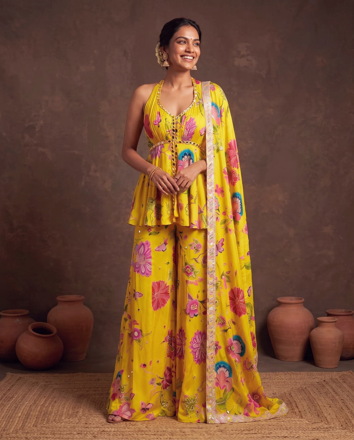 Yellow printed crepe suit with dupatta, front