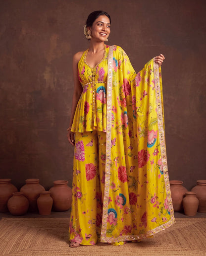 Yellow printed crepe suit, dupatta held open