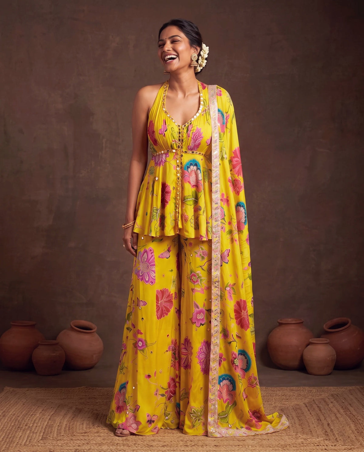 Yellow printed crepe suit, halter kurta front