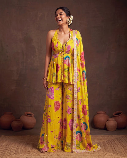 Yellow printed crepe suit, halter kurta front