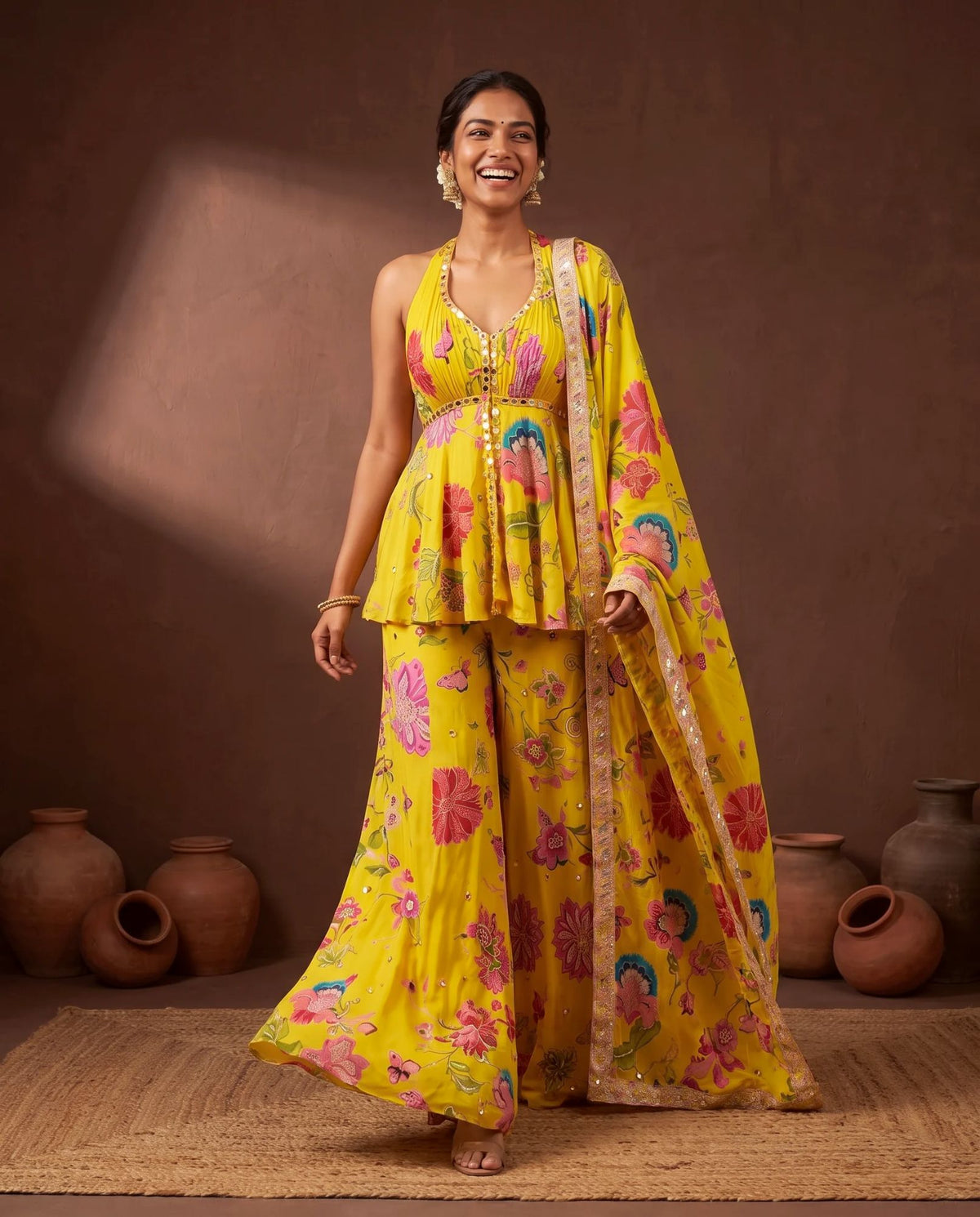 Yellow printed crepe suit, walking